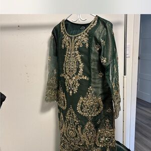 Elegant Green and Gold Embroidered Dress